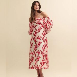Nobody's Child Floral Off-Shoulder Dress in Red and Cream